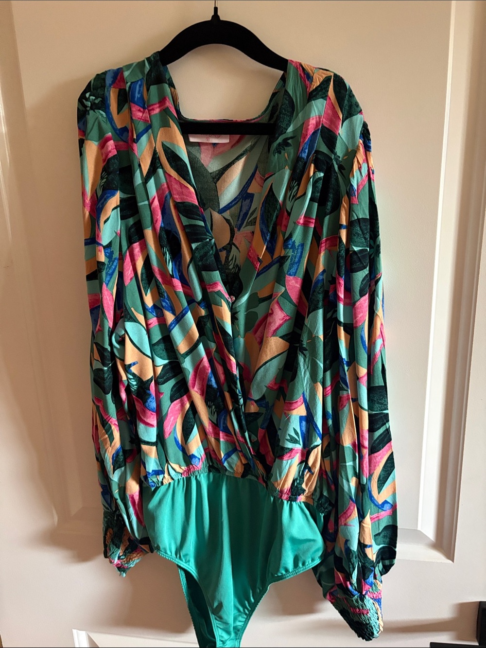 Pink Lily Multicolor Surplice Green Abstract Print Bodysuit